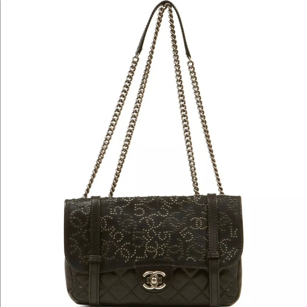 100AUTH CHANEL Black Leather Symbols Flap Bag HGrl - Picture 1 of 12